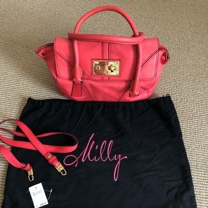 Milly bag, coral w/ bright yellow satin interior